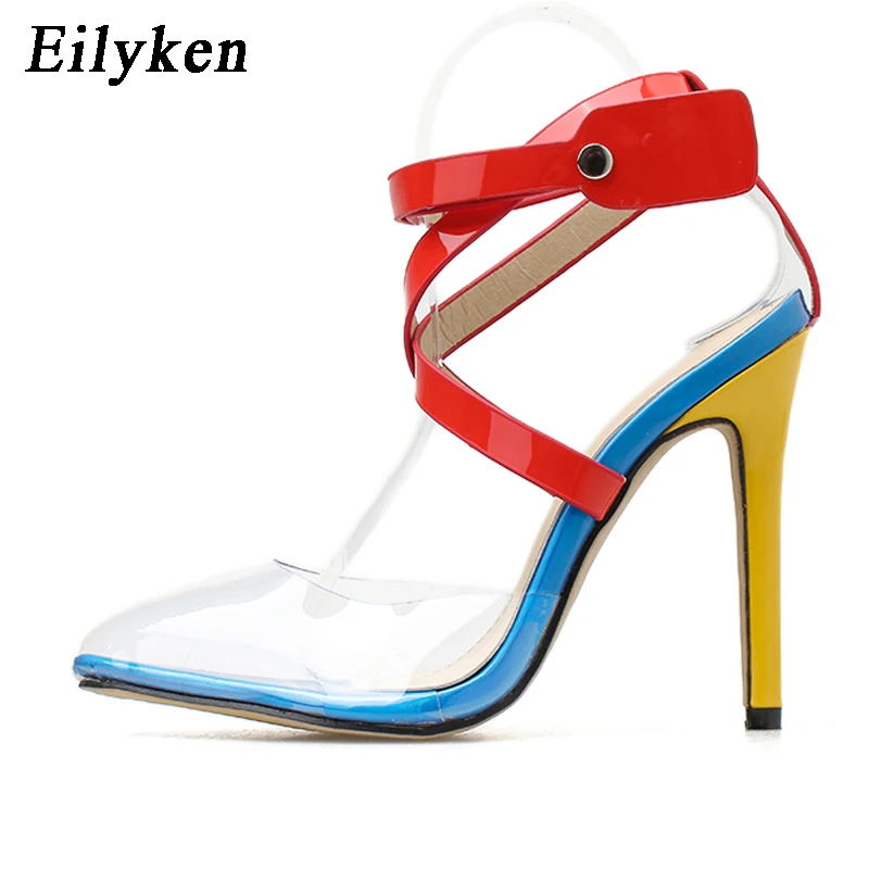 Color EilyKen/модные летние прозрачные женские туфли-лодочки из ПВХ с острым носком; женские туфли на высоком каблуке с заклепками и ремешком на щиколотке; пикантные туфли-лодочки; сандалии - Цвет: Color