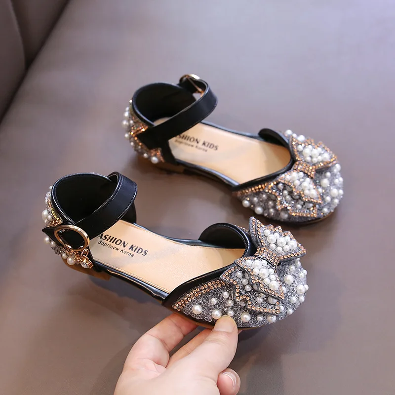 Children Sandals Girls Princess Sandals Summer Baby Pearl Rhinestones Bow Single Shoes Non-slip Flat Children's Shoe