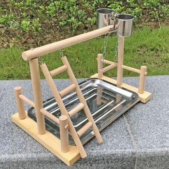 

Parrot Wood Stand Activity Center Ladder Swing Tray Cup Perch Bird Play Rack
