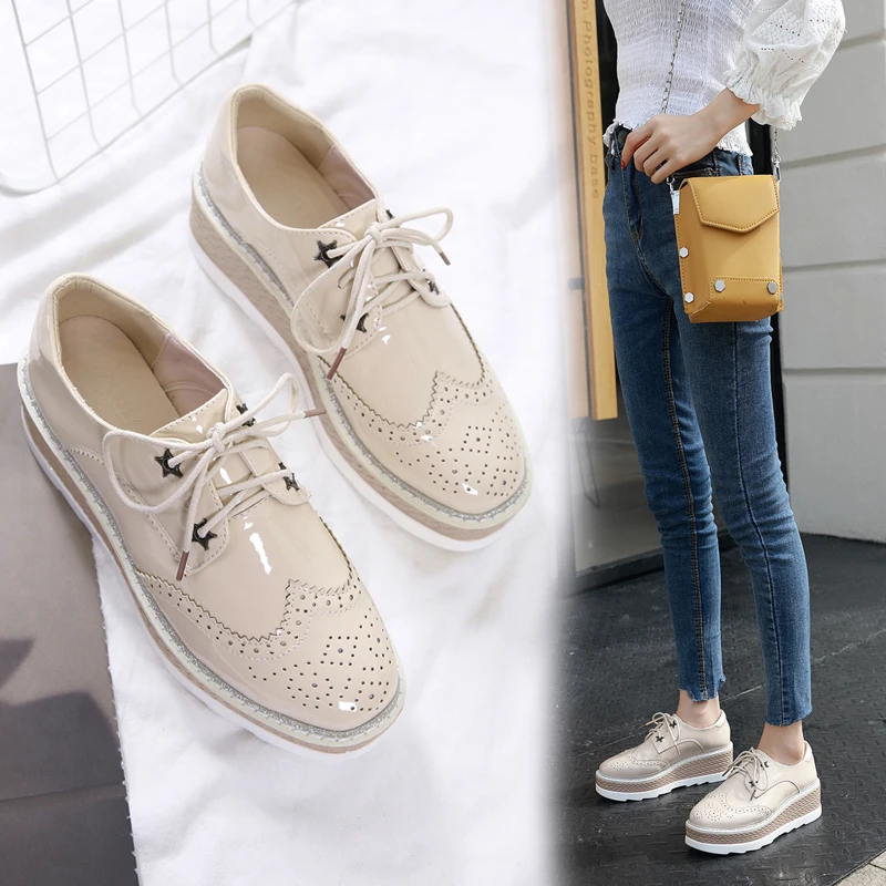 

Shoes Women Patent Leather Platform Wedge Sneaker Lace Up Square Toe Oxford Sewing Height Increasing Shoes Leisure Zapatos Mujer