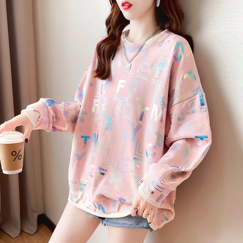 Spring Cotton Loose Long Sleeve Sweater Sweatshirt Korean Printed T-shirt Fake Broken Holes Outerwear Patchwork Pullover Hoodies