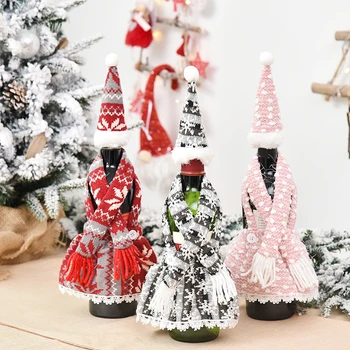 

Christmas Wine Bottle Cover Set with Scarf Hat Dinner Table Decoration for Xmas New Year Party
