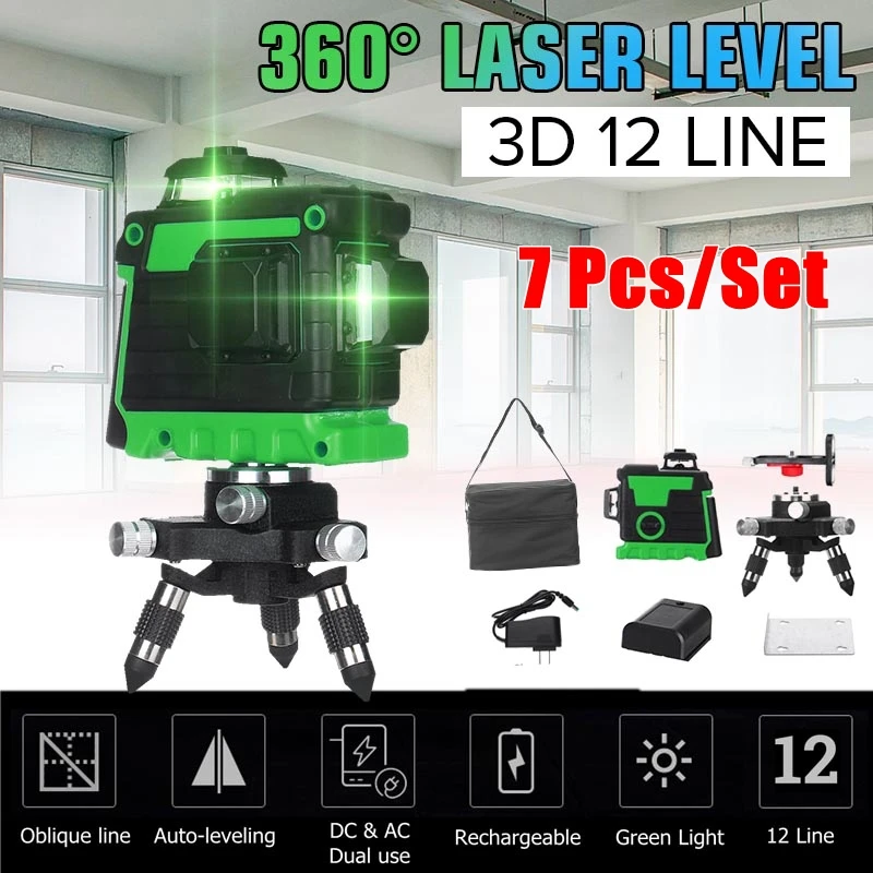 

NEW 7 Pcs/Set Laser Level 12 Lines 3D Level Self-Leveling 360 Horizontal And Vertical Cross Green Laser Level With Anti-fall Bag
