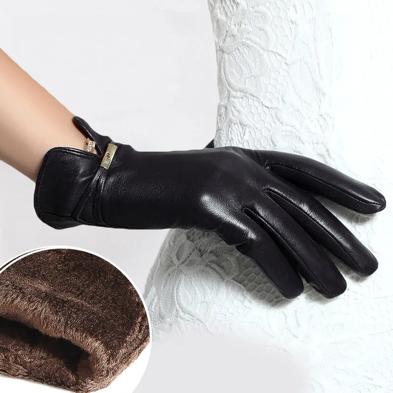 black no touch Перчатки из натуральной овечьей кожи, женские зимние перчатки из натуральной кожи с сенсорным экраном, женские теплые бархатные перчатки TU3329 - Цвет: black no touch