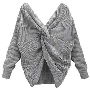 

Fashion Sexy Backless Cross Women Sweaters Spring Autumn Female Knitted Jumper Tops Casual V-Neck Solid Basic Vintage Sweater