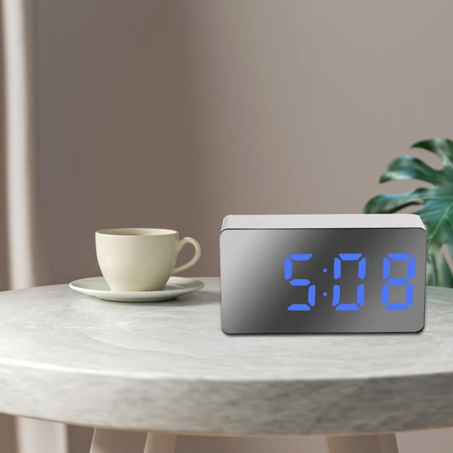 Mini-réveil numérique électronique multifonctionnel, grand écran, miroir LED,  horloge avec température, heure et Date, pour