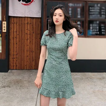 

Chiffon Floral Dress Korean Black Shirt Office Polka Dot Vintage Autumn Dresses Women Print Mini Floral Short Sleeve Dress