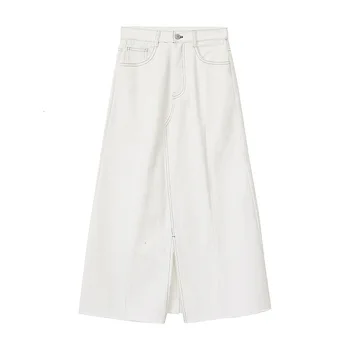 

TVVOVVIN 2019 Autumn Solid Color White Concise High Waist A Word Tassels Long Joker Cowboy Half-body Slimming Skirt Woman ZX151