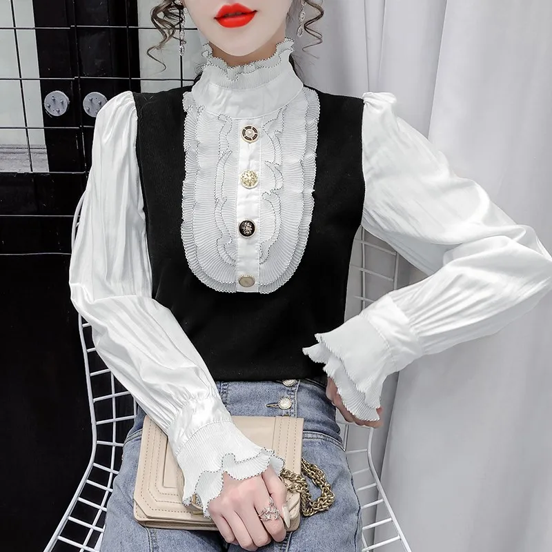 Steampunk Medieval Blouse Women Lady Lace Splice Gothic Shirts French Palace Tuxedo Shirts Stand Collar Palace Victorian Blusas