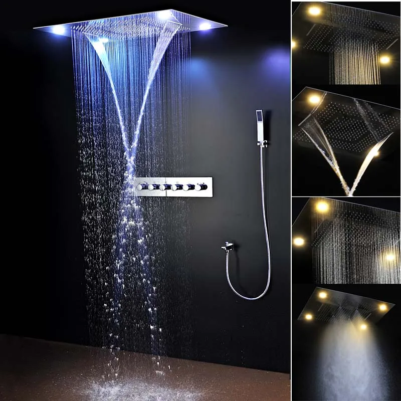 

2016 Luxury bathroom accessories LED Remote Control Big Rain Shower Head Set Ceiling Mounted Dual Rain and Waterfall Mist Shower
