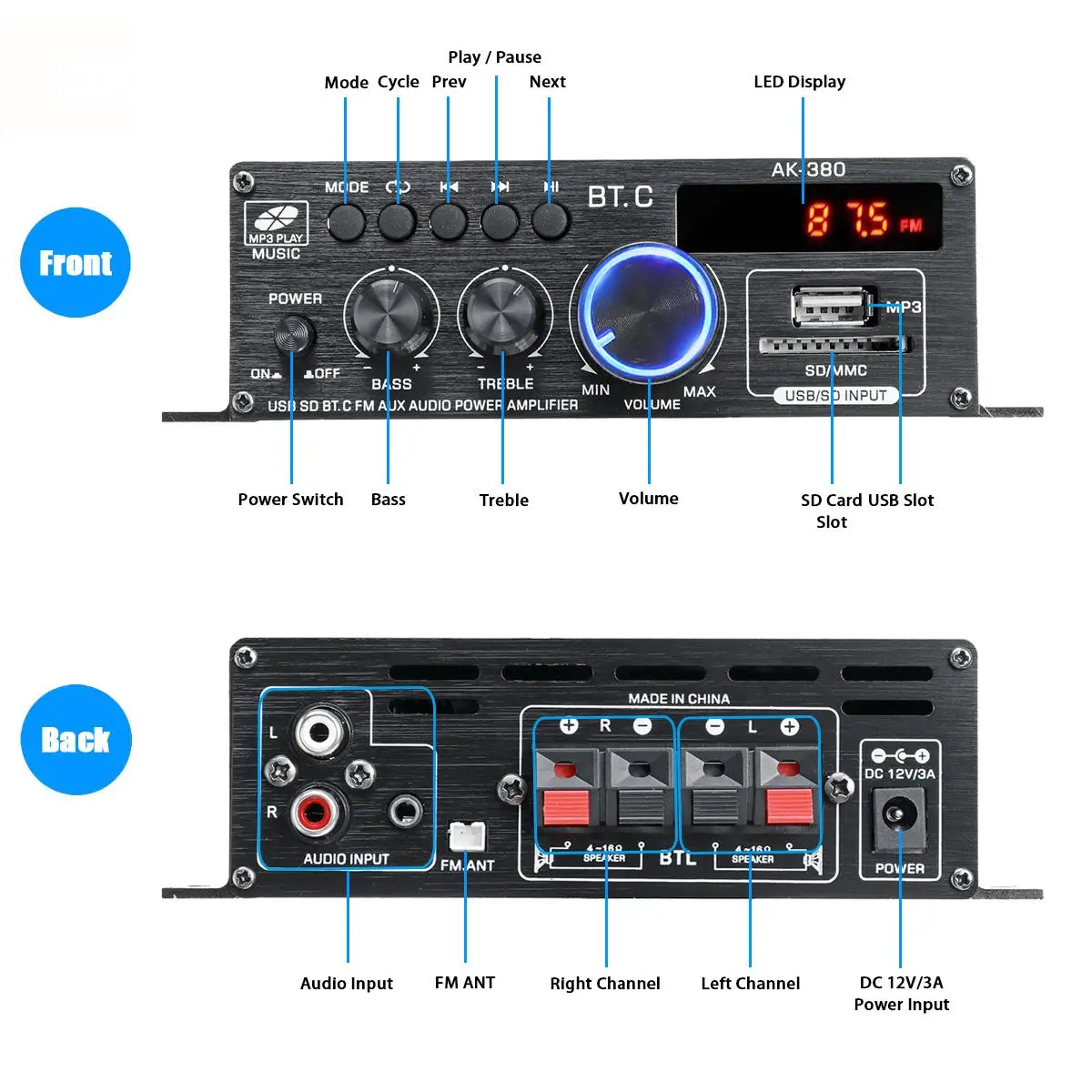 2 Channel Bluetooth 800W Power Amplifier AK380/AK370/AK170 Audio Karaoke Home Theater Amplifier Class D Amplifier USB SD AUX