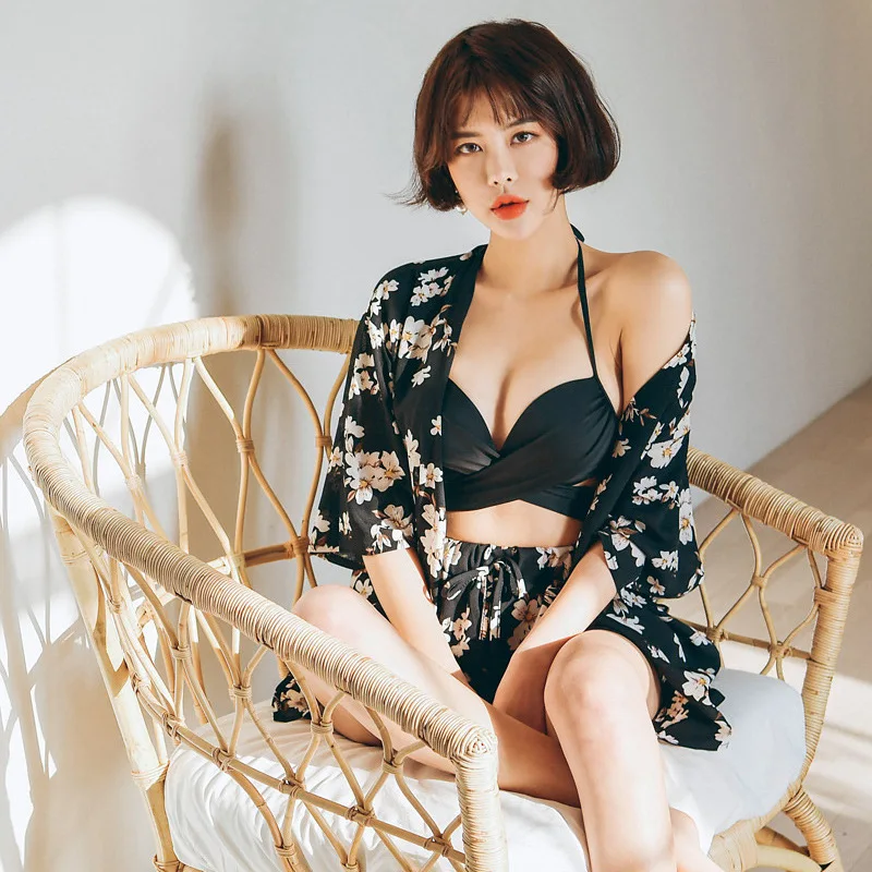 

Ainifurui Bathing Suit Women's Split Type Four-piece Set Small Bust Gathering Cover-up Bikini South Korea Conservative Belly Cov
