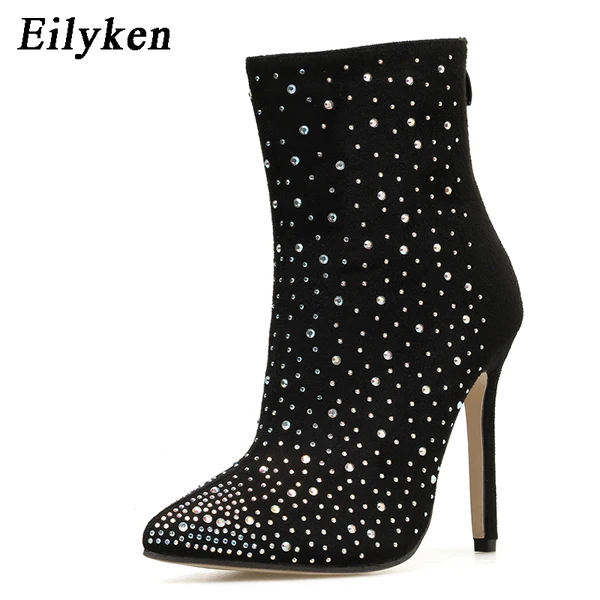 Black Eilyken/ г., модные, украшенные кристаллами ботильоны женская обувь на высоком каблуке, пикантная, с острым носком, черная обувь для вечеринок женские ботинки на тонком каблуке на молнии - Цвет: Black