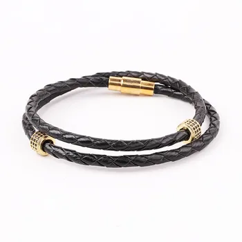 High Quality 316L Stainless Steel Clasp CZ Pave Tube Genuine Leather Bracelet Men Jewelry Gift