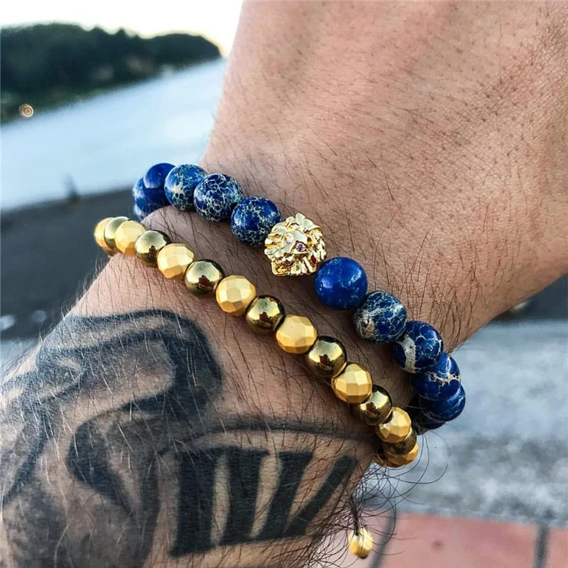

Punk 2pcs/set Gold Lion Charm Beads Bracelet For Men Pave Cubic Zirconia Blue & Black Men Bracelet Set Jewelry Gift