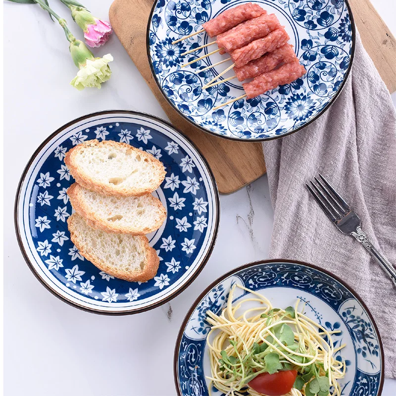 8 дюймов японская обеденная тарелка сине-белая керамическая посуда Лотос Орхидея Дизайн столовая посуда стейк блюда из пасты