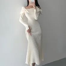

2021 Women High Waist Slim Knitted Gentle Noble Female Fall Winter Office Lady Vestidos Dresses Elegant Solid Pleated Dresses