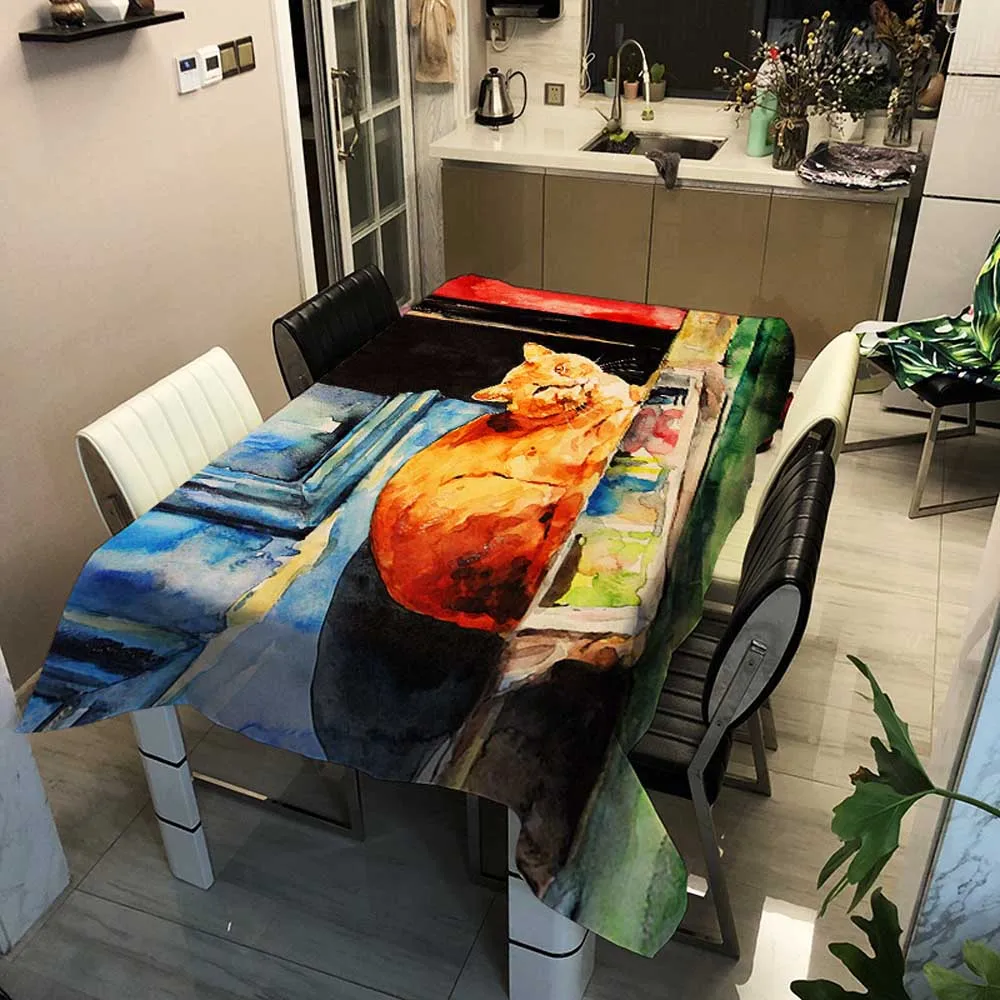 

Cat Theme Oil Painting Tablecloth Decorative Linen Waterproof Oilproof Thick Rectangular Wedding Dining Tea Table Cloth Covers