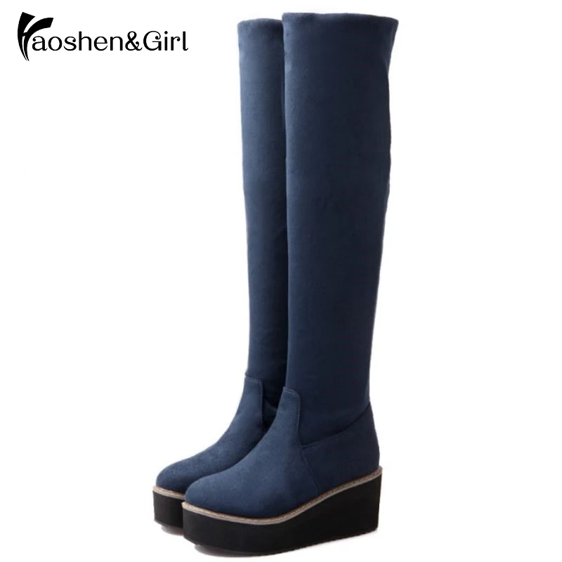 

Haoshen&Girl Autumn Winter Shoes Women Over Knee Riding Boots Stretch Super Elasticity Fat Boots Thick Platforms Flat Shoes32-43