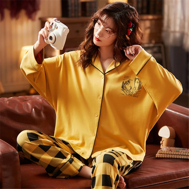

Women's autumn pajamas new cardigan lapel Korean style simple fashion cartoon cotton home service suit pijamas women 2020 ROBE