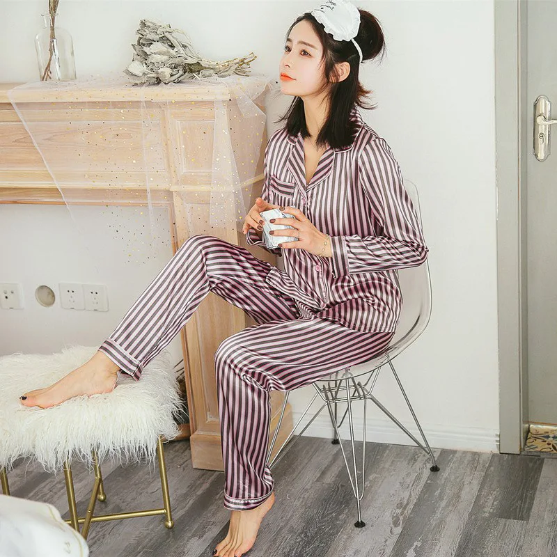 

Europe And America feng chun Autumn Pajamas Women Long Sleeve Thin Imitated Silk Fabric Silk Stripes Korean-style Homewear Set a