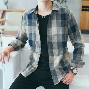 

Long Sleeve Gradient Plaid Print Men's Dress Shirt Casual Big Size Men Cardigan Button Shirt Korean Trend Slim Men Leisure Shirt