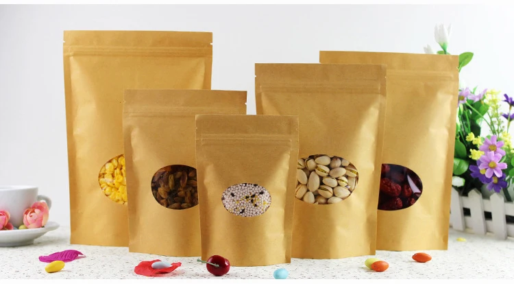 

11*16+3cm 300pcs Stand Up Clear Window Brown kraft paper bags with Zipper lock for Food/Tea/Nut/Coffee Resealable Packaging Bag