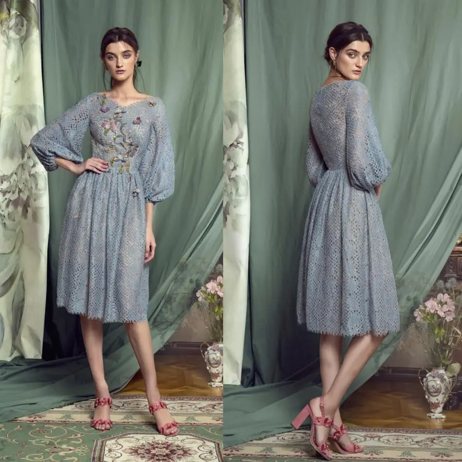 

2020 Mother of the Bride Dresses V Neck Long Sleeves Appliques Evening Gowns Custom Made Knee-Length Wedding Guest Dress