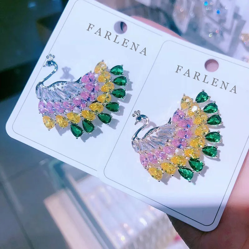 gold peacock Украшения farlena Циркон Кристалл Брошь для женщин Мода бабочка цветок шарф с брошью булавки - Окраска металла: gold peacock
