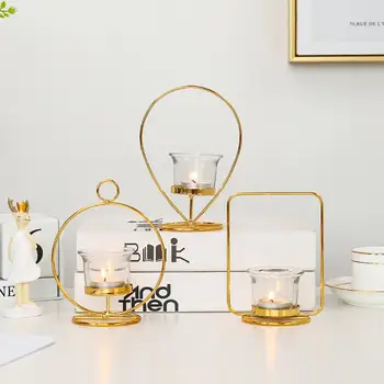 

Candelabra Geometric Metal Candlestick Wrought Iron Golden Scented Candle Holder Tabletop Decorations HOT