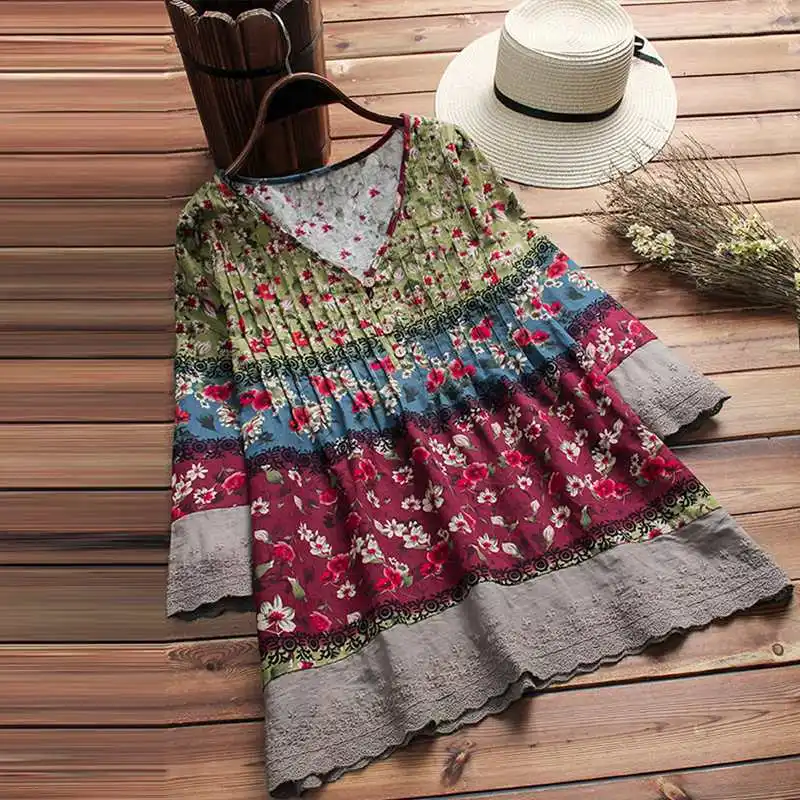 Зеленый ZANZEA кружевные топы богемные женские блузки с принтом stilching Blusas Женская плиссированная туника с v-образным вырезом с расклешенными рукавами рубашки негабаритных - Цвет: Зеленый