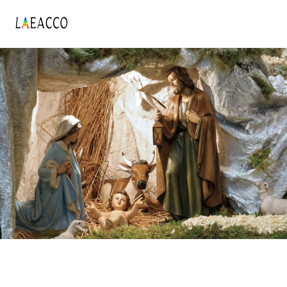 Laeacco Nativity Scene Cattle Sheep Cave Christian Photography Backgrounds Customized Photographic Backdrops for Photo Studio |