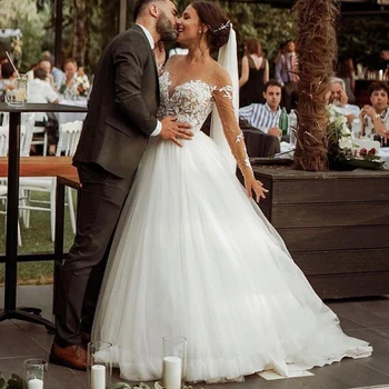 

Crystals Beading Dodice Wedding Dresses Long Sleeves Tulle Lace Bride Dress Custom Made A Line Simple Wedding Gowns Romantic