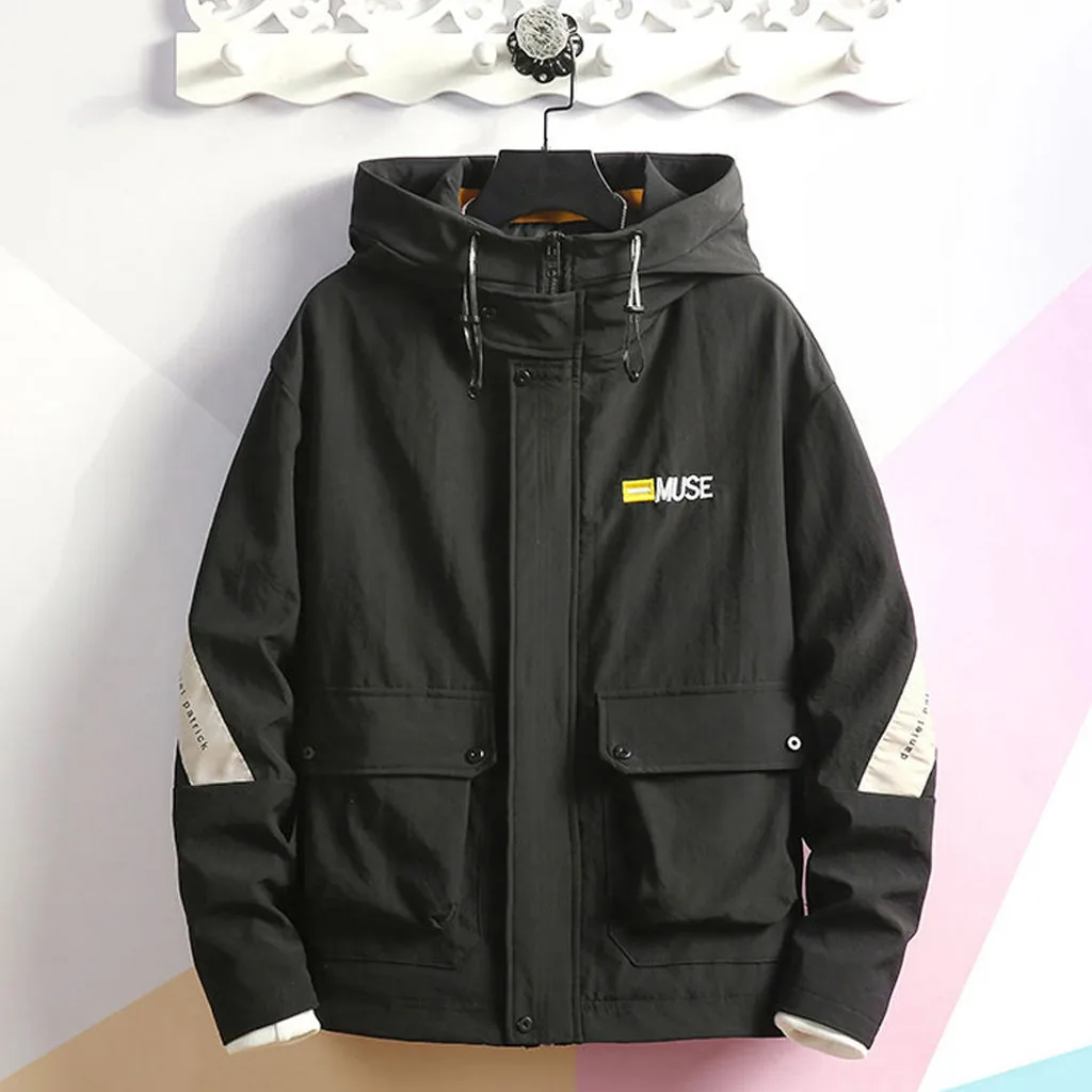 

Spring Autumn Hip Hop Hooded Men's Winter Casual Fashion Patchwork Hoodie Multi-Pockets Outwear Coat Hoody Bomber Jacket