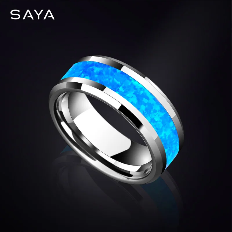 Tungsten Wedding Ring 8mm Width Inlay Blue Opal for Men Women Fashion Jeweley, Free Shipping, Customized wireless blue tooth mobile selfie lazy artifac tiktoks remote control ring mobile phone bluetoth controller page turner clicker