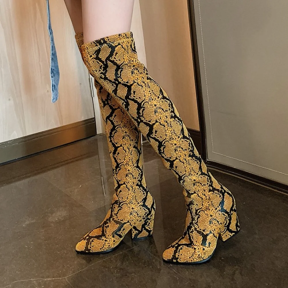 

2022 Womens Pointed Toe Snake Pattern Over The Knee Boots High Heel Shoes Warm Winter Stretchy Mixed Colors Long New 2022