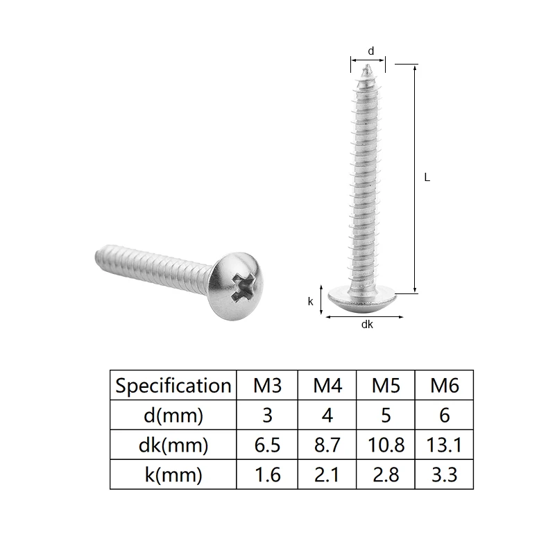 NINDEJIN 20/55pcs Cross Recessed Truss Head Self-tapping Screw 304 Stainless Steel M3 M4 M5 M6 Phillips Mushroom Head Wood Screw