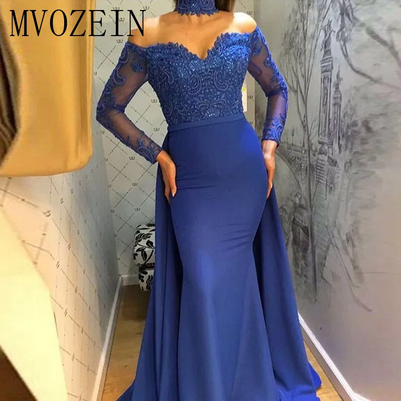 

Blue Muslim Evening Dresses 2019 Mermaid Long Sleeves Appliques Beaded Dubai Saudi Arabic Long Evening Gown