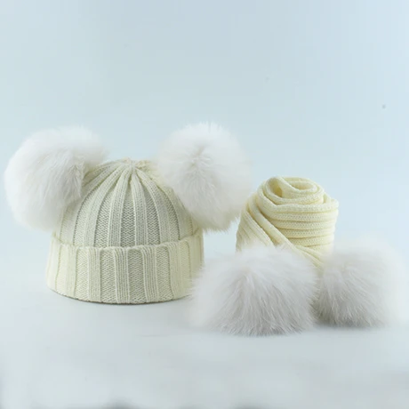 white hat scarf Детская вязаная шапочка с натуральным лисьим мехом и помпоном, набор шарфов, костюм для маленьких мальчиков и девочек, зимние шапки, 4 предмета, меховая шапка с помпоном - Цвет: white hat scarf