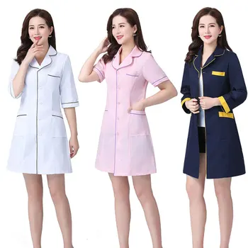 

Woman Hospital Medical Nurse Uniform Short&Long Beauty Salon Surgical Pharmacy Lab Coat Clinic Slim Gown Spa Scrubs Overalls