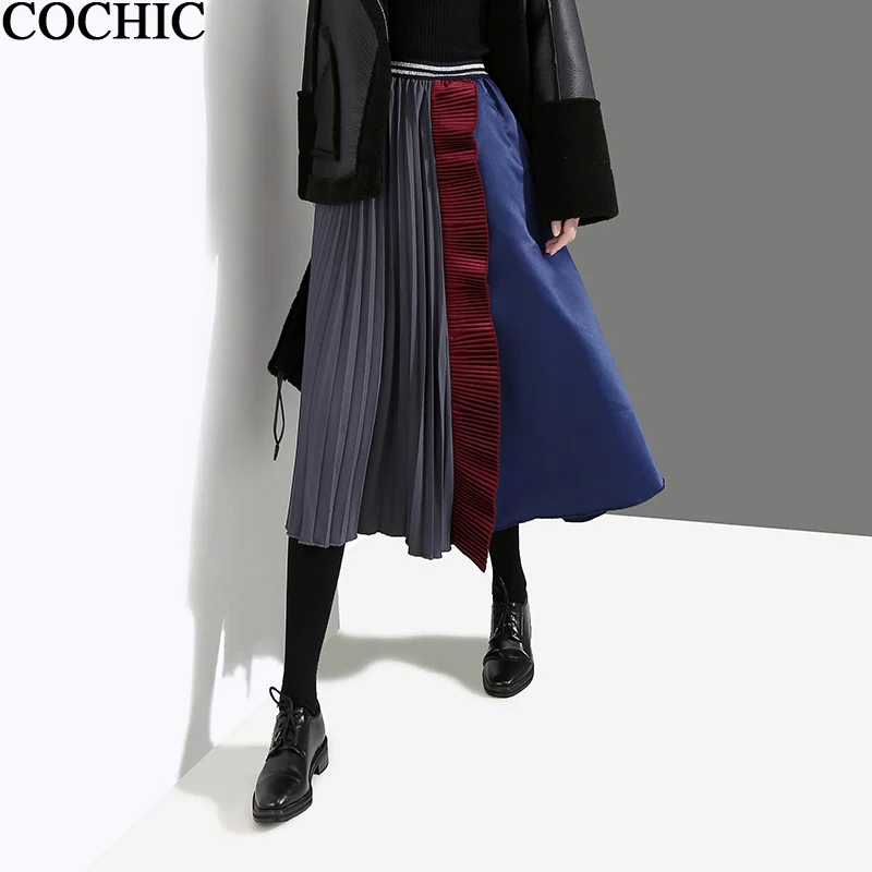 

Women Autumn Winter Temperament chic half skirt high waist pleated Splice Contrast Color A-line Skirts