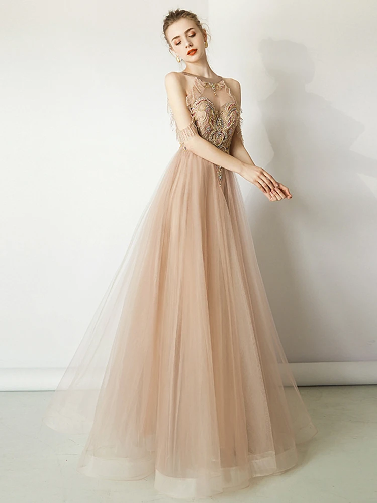 Vestido de festa, ТРАПЕЦИЕВИДНОЕ вечернее платье с v-образным вырезом на спине, длинное платье с бретелькой через шею, Тюлевое вечернее платье с бусинами, элегантное вечернее платье