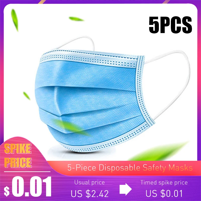 

5-Piece Disposable Safety Masks 3-Layer Protective Non-Woven Disposable Masks To Prevent Bacteria And Respiratory Health