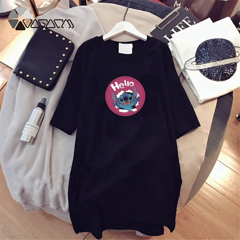 New-Summer-Women-Dresses-Stitch-Cartoon-Print-Casual-Loose-Black-Mini-Women-Clothes-Plus-Size-Cute