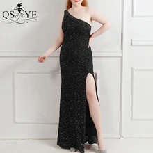 

Beading One Shoulder Black Evening Dress Plus Size Sequin Fit Evening Gown High Split Party Dress Shoulder Strap Formal Gown