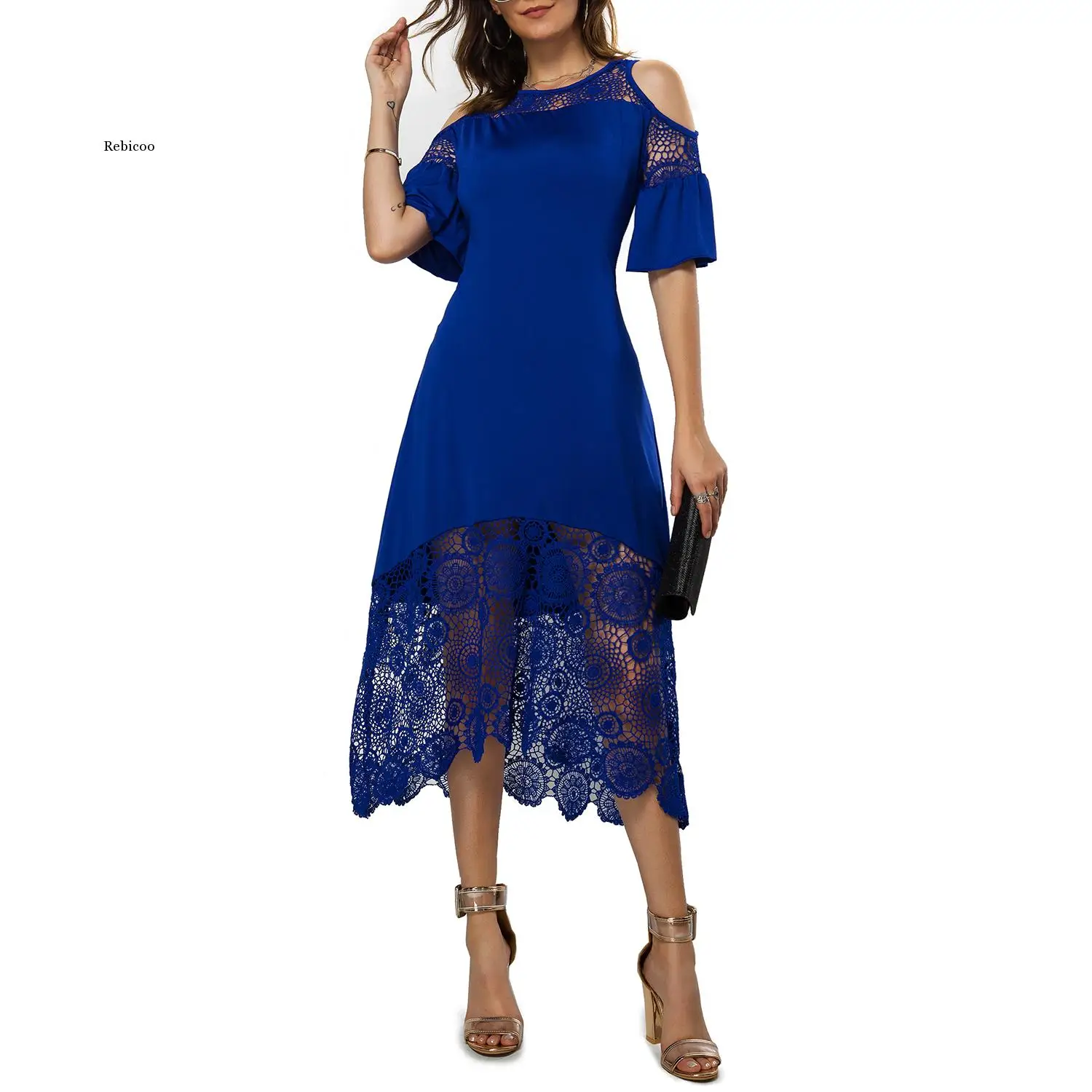 

Women Summer Lace Floral Dress Ladies Short Ruffles Sleeve Off Cold Shoulder o Neck Party Dress Long Maxi Dress 5Xl