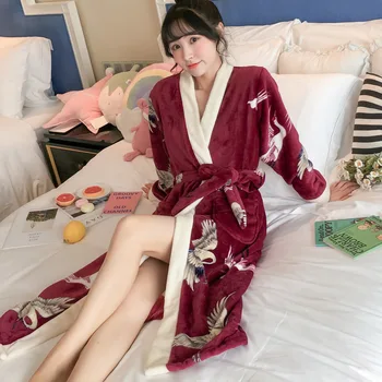 

Winter New Women Flannel Kimono Bathrobe Ladys Mid-Calf Length Velvet Bathrobe Warm And Soft Femme Bridesmaid Dressing Gown