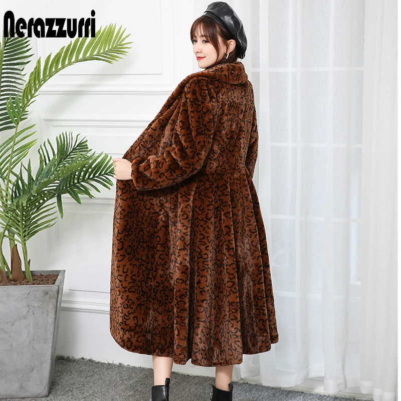 

Nerazzurri elegant long faux fur coat women label leopard print fluffy furry coat skirted plus size winter outerwear 5xl 6xl 7xl