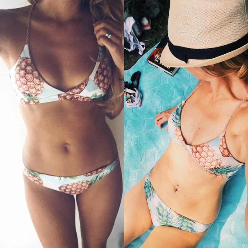 

Women Bandage Bikini Swimwear Female Push Up Swimsuit Back Strappy Pineapple Print Bikini Beachwear