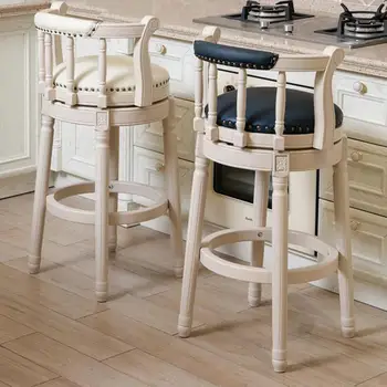 

European solid wood back bar chair American retro high stool leather rotating bar chair home bar stool